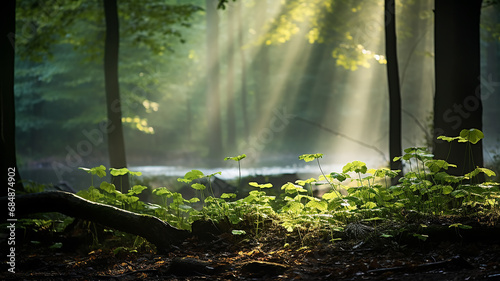 green shoots in the forest  sun rays in the morning green forest wildlife  eco concept freshness of spring morning  landscape