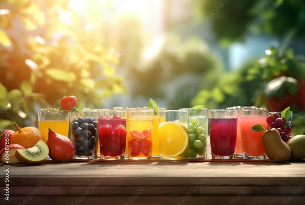 assorted fruit juices on wooden table with garden blur background. generative ai - obrazy, fototapety, plakaty 
