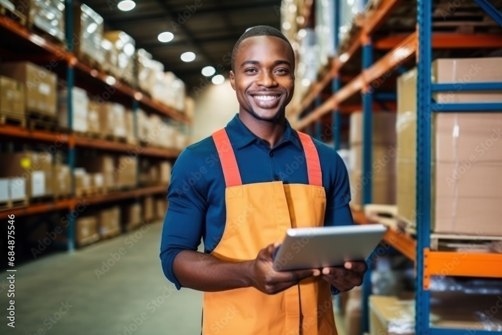 smiling black man holding a tablet in his hands in a big warehouse smiling black man holding a tablet in his hands in a big warehouse