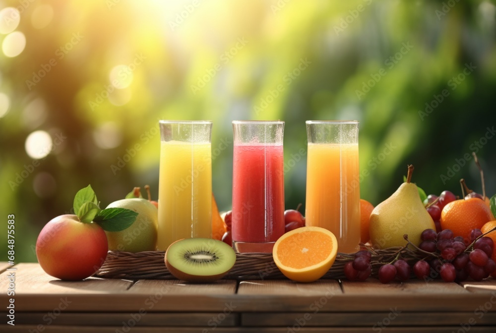 assorted fruit juices on wooden table with garden blur background. generative ai