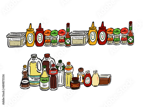 いろいろな調味料のイラストセット　手描き風ラインイラスト　