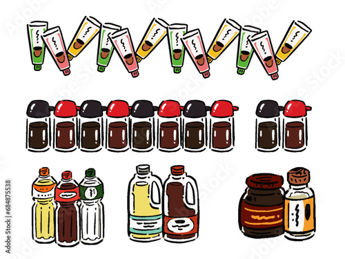 いろいろな調味料のイラストセット　手描き風ラインイラスト　