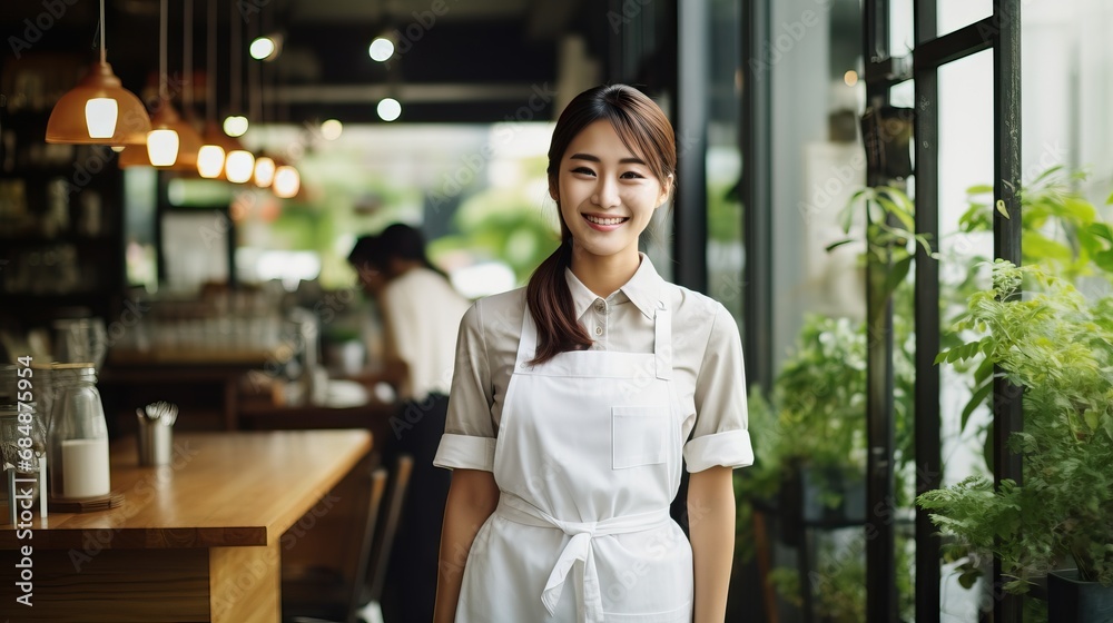 Energetic young woman in apron poses confidently outside bustling restaurant