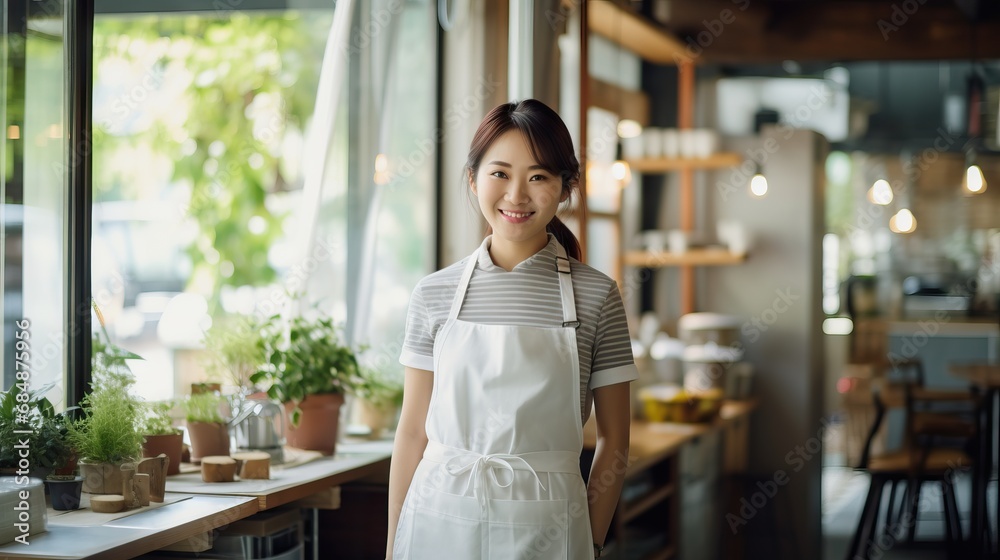 Smiling woman in apron stands outside restaurant, exuding warmth and professionalism.