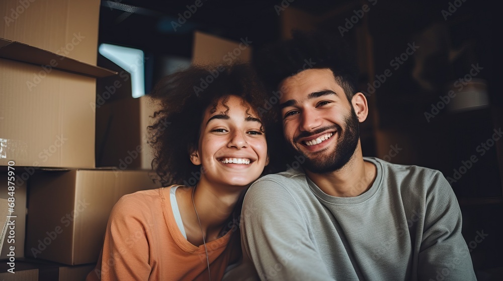 Diverse couple sitting amidst boxes taking a selfie in their new home.