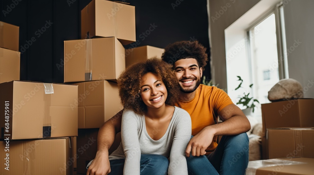 Newly moved-in couple sitting on the floor surrounded by boxes, taking a selfie. Newly moved-in couple sitting on the floor surrounded by boxes, taking a selfie.