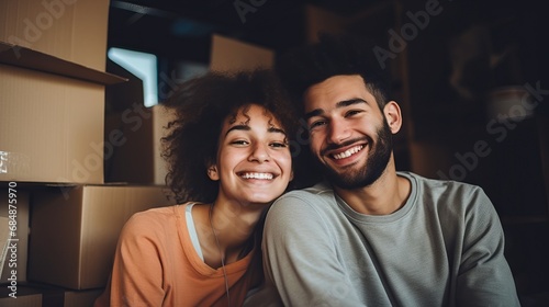 Diverse couple sitting amidst boxes taking a selfie in their new home.
