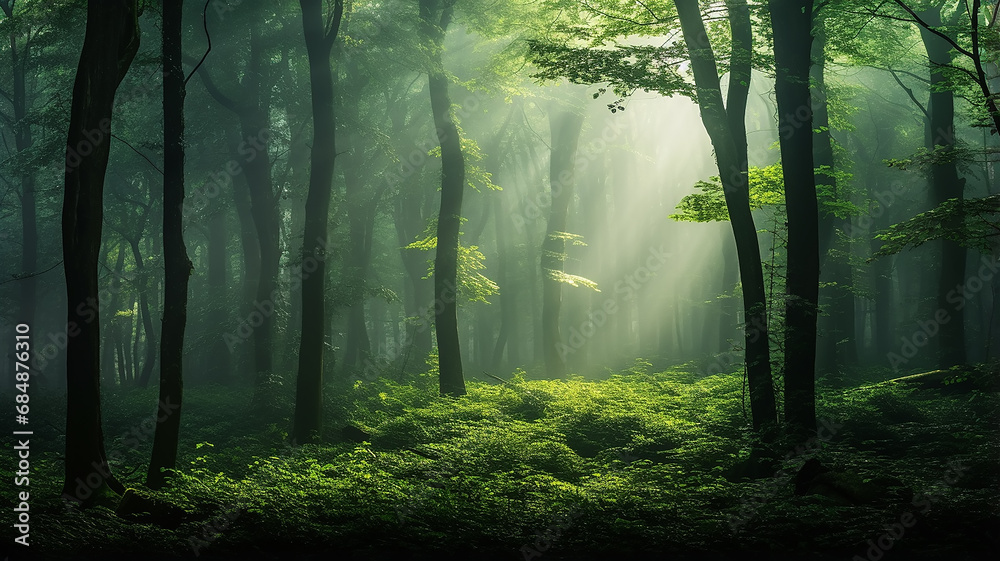 Naklejka premium misty landscape in a fresh green spring forest, trunks of green trees in the mist of the forest morning coolness
