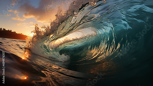 ocean wave swirls into a tube at sunset, landscape tropical sea coast, surf waves © kichigin19