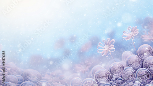 blurred winter background with snowflakes, copy space, soft pastel delicate light blue color blank christmas greeting