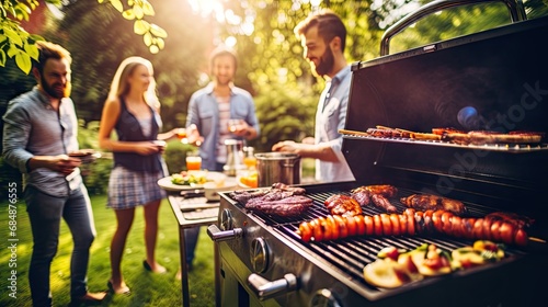 A social gathering with a grill, where people cook and savor mouthwatering meat