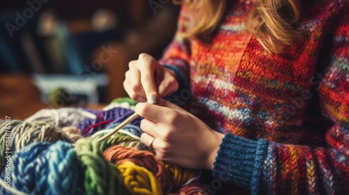 Crafty woman knitting with colorful yarn at table
