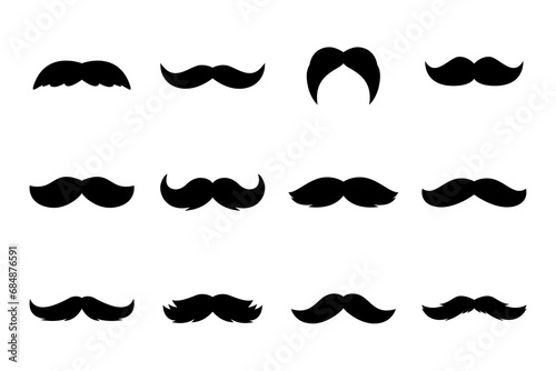 Vector Isolated Mustache Set. Face Party Decoration for Portrait, Stencil. Black and White Flat Illustration, Santa Claus Mustache Shape, Silhouette. Fathers Day Symbol