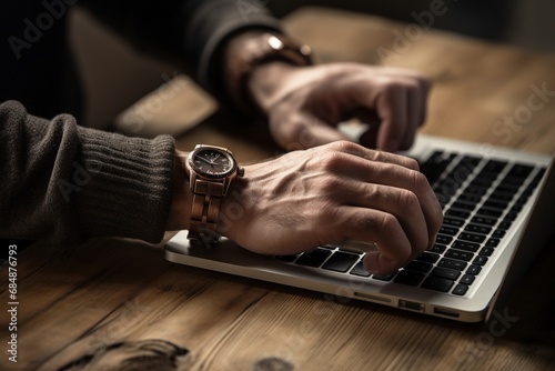 closeup image of hands and wrist flexing on a laptop, a man working on a laptop, man's wrist on the laptop, freelancing, man working, workstation
