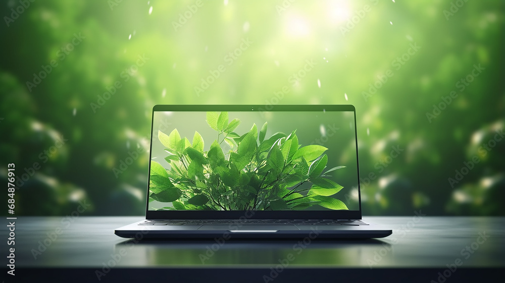open laptop turned on against the background of green nature, eco-friendly concept new technologies green energy - obrazy, fototapety, plakaty 