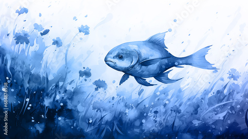 coral reef underwater  blue watercolor illustration  fish and corals ocean nature  cartoon image on white background