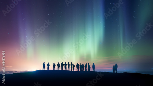 northern lights in the night sky  aurora borealis  a group of people watching the night landscape with a multicolored glow in the sky