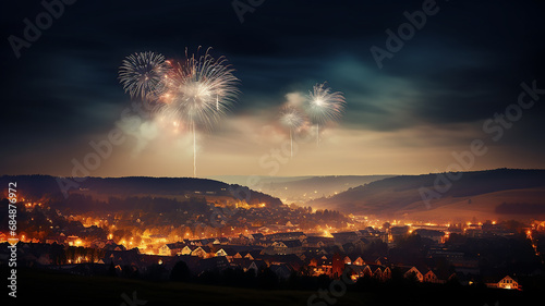 fireworks over the city panoramic view of the sky with fireworks flashes  abstract festive letterhead