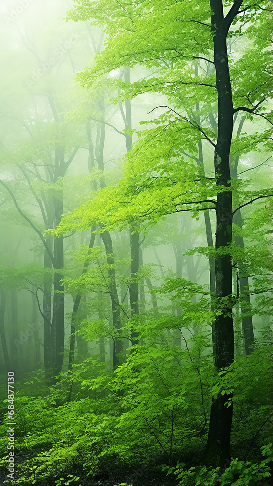 Fototapeta premium misty landscape in a fresh green spring forest, vertical panoramic view, trunks of green trees in the mist of the forest morning coolness