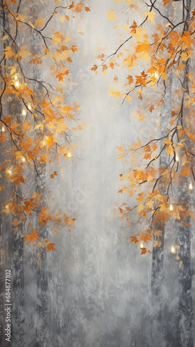 autumn background with yellow leaves and abstract glowing small lights, blurred copy space autumn design, vertical form