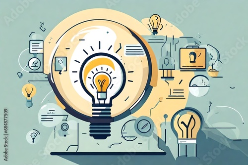 Quick tips for smart creative. light bulb and idea checking icon inside magnifier glass, working Creativity, Creative for new innovation with energy and power, growth and success developmen photo
