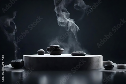 Abstract minimal concept. Dark background with natural granite stones podium on water and smoke surrounding. Mock up template for product presentation. 3D rendering. copy text space photo