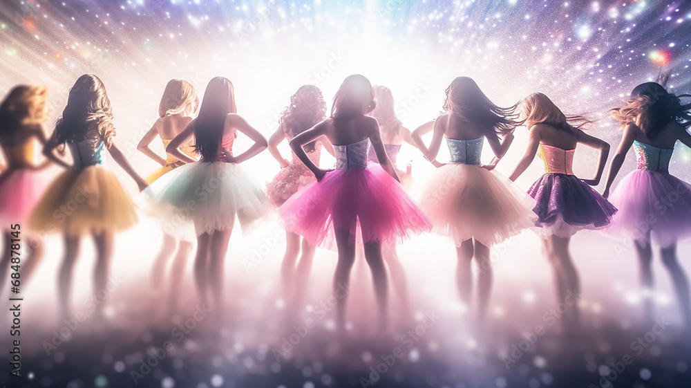 dancing girls in a nightclub, rays of multicolored light illumination, blurred abstract background view from the back at a concert or disco