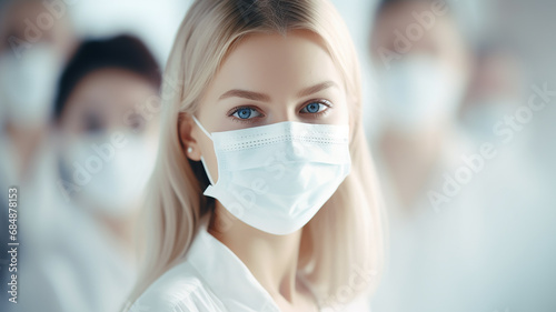 epidemic, a group of people wearing medical masks on their face, abstract blurred background