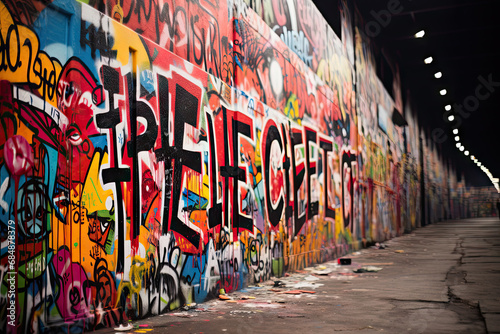 A wall covered in lots of colorful graffiti © Golib Tolibov
