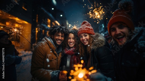 People celebrating new year eve in city center with sparklers and firework