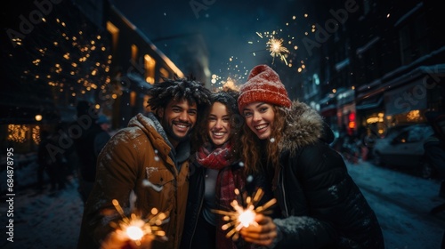 People celebrating new year eve in city center with sparklers and firework