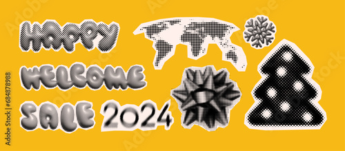 Christmas and New Year trendy halftone icons, collage of vintage 90s style of paper magazine clippings. Composed of big amount of circles.