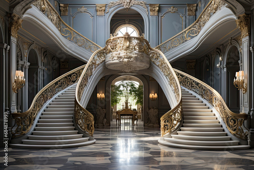 A grand staircase with a chandelier and a chandelier
