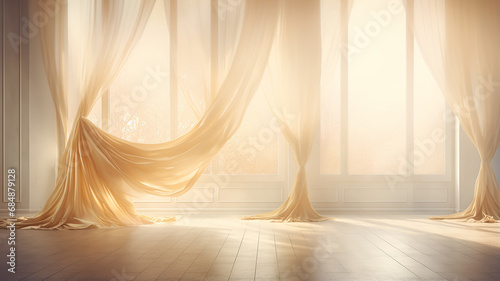 high panoramic window with transparent curtain, in the golden morning light, abstract background. home comfort