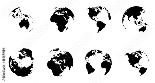 Black and white Earth globe set. High detailed wrapped World map in round shape.