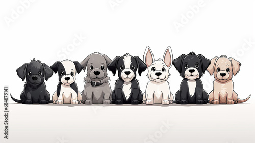 cartoon dogs sitting in a row isolated on a white background, sketch black and white style thin outline, layout for children's coloring book