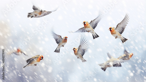 wildlife in winter, a flock of small colorful birds in flight in the winter air, songbirds © kichigin19