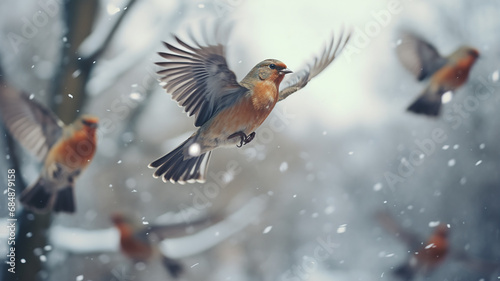 wildlife in winter, a flock of small colorful birds in flight in the winter air, songbirds