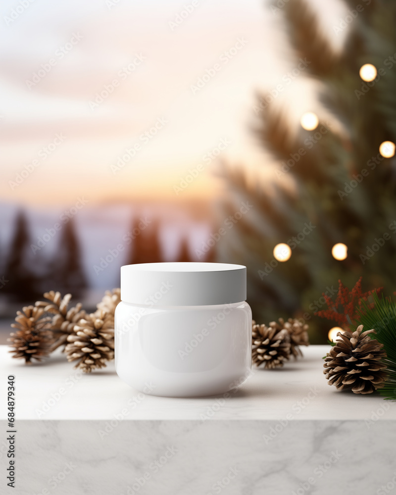 Mock up of glass skincare jar on marble surface. Isolated in Scandinavian winter background with trees and pine cones. Beauty product packaging. Product photography. Holiday, winter celebration. Mock up of glass skincare jar on marble surface. Isolated in Scandinavian winter background with trees and pine cones. Beauty product packaging. Product photography. Holiday, winter celebration.