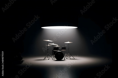 Drum set on dark stage background. Neural network AI generated art