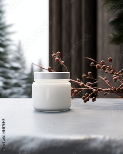 Mock up of glass skincare jar on white surface. Isolated in Scandinavian interior background with branches and treess. Beauty product packaging. Product photography. Holiday, winter celebration. photo