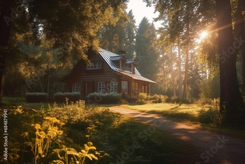 wooden house in the middle of the forest with the beauty of the afternoon sun. generative ai