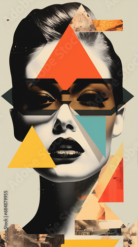 90s collage, modernist style, face of sensual woman in black and white with red lipstick. abstract and colourful cut-out elements with sunglasses. Fashion, beauty poster. pop art print. Cutout artwork photo