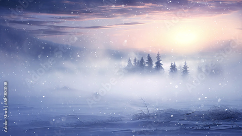 winter landscape, snowfall in nature calm quiet sunset, snowflakes slowly falling, wildlife background