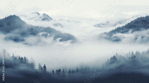 landscape  quiet misty valley in the mountains  forest panorama aero view