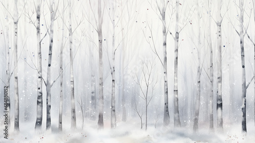 white watercolor snowfall in the forest  winter abstract background illustration with copy space  greeting card form