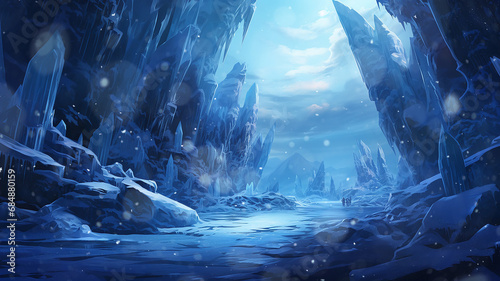 icy world, twilight in a frozen world among icy rocks snowfall, abstract cold blue landscape mountains #684880159