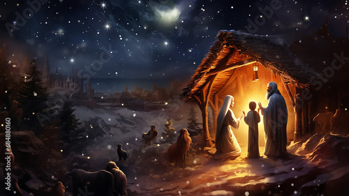 Leinwand Poster christmas nativity scene, illustration, christmas eve greeting card