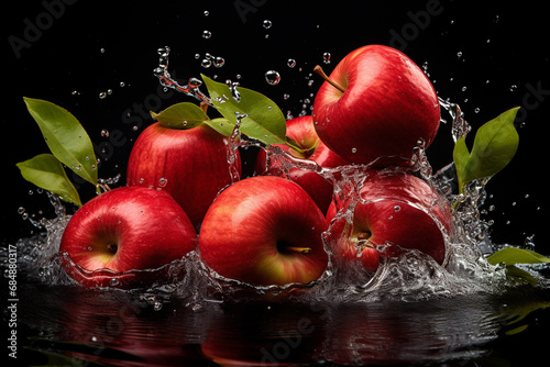 Ripe red apples in a splash of water on a dark background. Generative AI.
