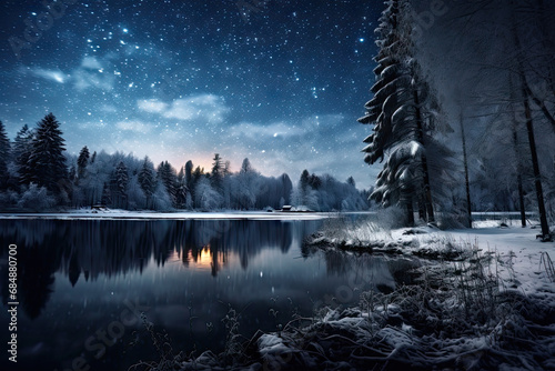 A night scene with snow covered trees and a lake